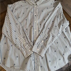 Blue & White Striped Long-Sleeve Shirt with Subtle Floral Embroidery